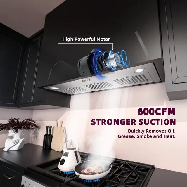 Alt view image 3 of 7 - Range Hood Insert 36 inch, Built-in Kitchen Hood with 600 CFM, Ducted/Ductless Convertible Vent Hood, Stainless Steel Stove Hood Vent with Push Button, Baffle Filters and Charcoal Filters