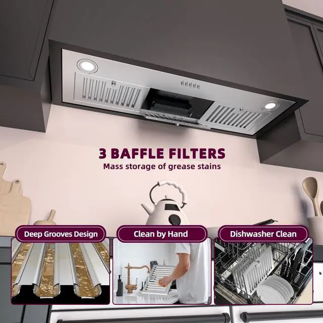 Alt view image 7 of 7 - Range Hood Insert 36 inch, Built-in Kitchen Hood with 600 CFM, Ducted/Ductless Convertible Vent Hood, Stainless Steel Stove Hood Vent with Push Button, Baffle Filters and Charcoal Filters