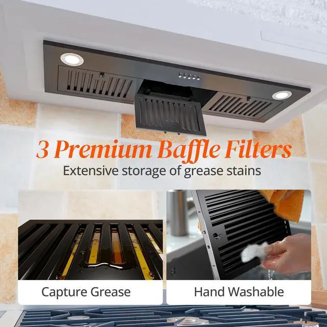 Alt view image 3 of 7 - Black Range Hood Insert 36 inch, Built-in Kitchen Hood with 600 CFM, Ducted/Ductless Convertible Vent Hood, Stove Hood with Push Button, Aluminum Filters and Charcoal Filters