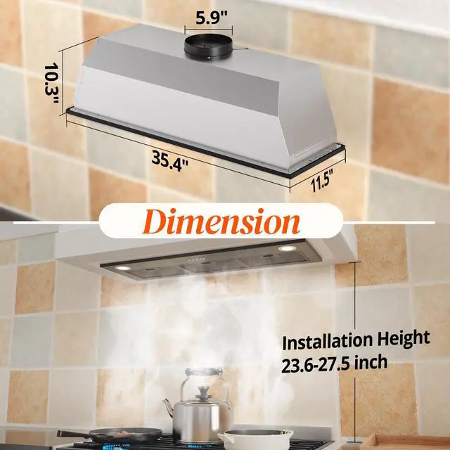 Alt view image 5 of 7 - Black Range Hood Insert 36 inch, Built-in Kitchen Hood with 600 CFM, Ducted/Ductless Convertible Vent Hood, Stove Hood with Push Button, Aluminum Filters and Charcoal Filters