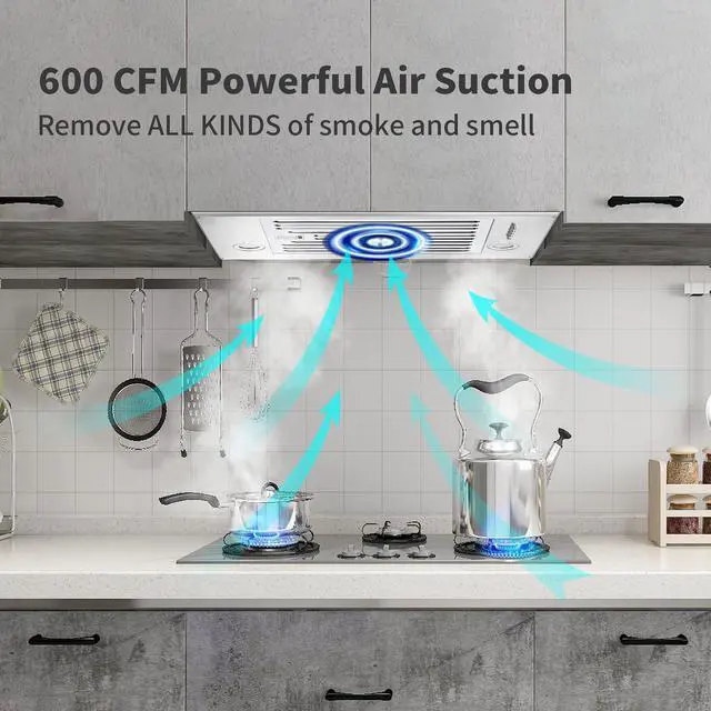 Alt view image 2 of 7 - Range Hood Insert 24 inch, Built in Kitchen Hood 600CFM, Ducted/Ductless Convertible Stove Hood with Stainless Steel Baffle Filter, Vent Hood Insert w/ 3 Speed Fan, 2PCS Replaceable LED Lights