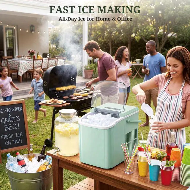 Alt view image 2 of 7 - Ice Maker Portable Countertop with Handle, Basket & Scoop, 26Lbs/24Hrs | 9 Bullet Ice Cubes in 6 Mins, 2 Ice Sizes, Self-Cleaning, Quiet Compact Ice Machine for Home Kitchen Party, Green