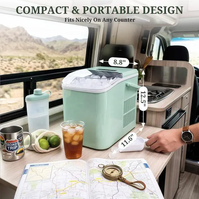 Alt view image 4 of 7 - Ice Maker Portable Countertop with Handle, Basket & Scoop, 26Lbs/24Hrs | 9 Bullet Ice Cubes in 6 Mins, 2 Ice Sizes, Self-Cleaning, Quiet Compact Ice Machine for Home Kitchen Party, Green