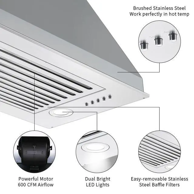 Alt view image 5 of 7 - Range Hood Insert 24 inch, Built in Kitchen Hood 600CFM, Ducted/Ductless Convertible Stove Hood with Stainless Steel Baffle Filter, Vent Hood Insert w/ 3 Speed Fan, 2PCS Replaceable LED Lights