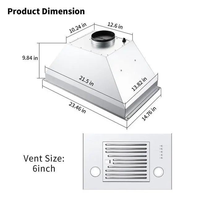 Alt view image 6 of 7 - Range Hood Insert 24 inch, Built in Kitchen Hood 600CFM, Ducted/Ductless Convertible Stove Hood with Stainless Steel Baffle Filter, Vent Hood Insert w/ 3 Speed Fan, 2PCS Replaceable LED Lights
