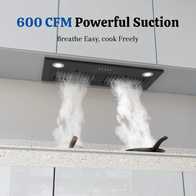Alt view image 2 of 7 - Black Range Hood Insert 30 Inch, 600 CFM Ducted/Ductless Convertible Built-in Kitchen Vent Hood, Stainless Steel Stove Hood with 3 Speed Exhaust Fan & Baffle Filters