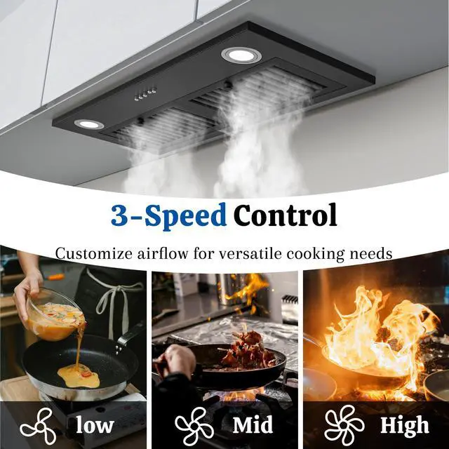 Alt view image 4 of 7 - Black Range Hood Insert 30 Inch, 600 CFM Ducted/Ductless Convertible Built-in Kitchen Vent Hood, Stainless Steel Stove Hood with 3 Speed Exhaust Fan & Baffle Filters