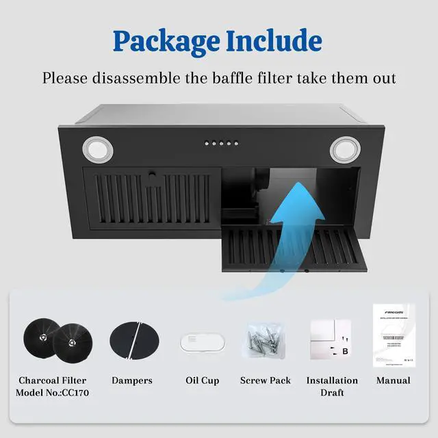Alt view image 7 of 7 - Black Range Hood Insert 30 Inch, 600 CFM Ducted/Ductless Convertible Built-in Kitchen Vent Hood, Stainless Steel Stove Hood with 3 Speed Exhaust Fan & Baffle Filters