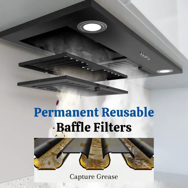 Alt view image 3 of 7 - Black Range Hood Insert 30 Inch, 600 CFM Ducted/Ductless Convertible Built-in Kitchen Vent Hood, Stainless Steel Stove Hood with 3 Speed Exhaust Fan & Baffle Filters