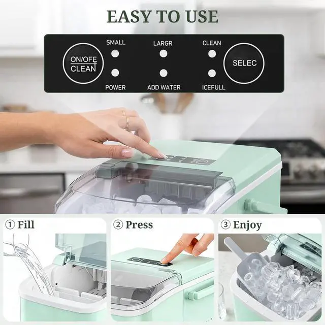 Alt view image 6 of 7 - Ice Maker Portable Countertop with Handle, Basket & Scoop, 26Lbs/24Hrs | 9 Bullet Ice Cubes in 6 Mins, 2 Ice Sizes, Self-Cleaning, Quiet Compact Ice Machine for Home Kitchen Party, Green