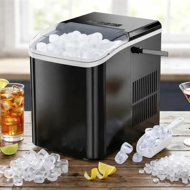 Main image of Ice Maker Portable Countertop with Handle, Basket & Scoop, 26Lbs/24Hrs | 9 Bullet Ice Cubes in 6 Mins, 2 Ice Sizes, Self-Cleaning, Quiet Compact Ice Machine for Home Kitchen Party, Black