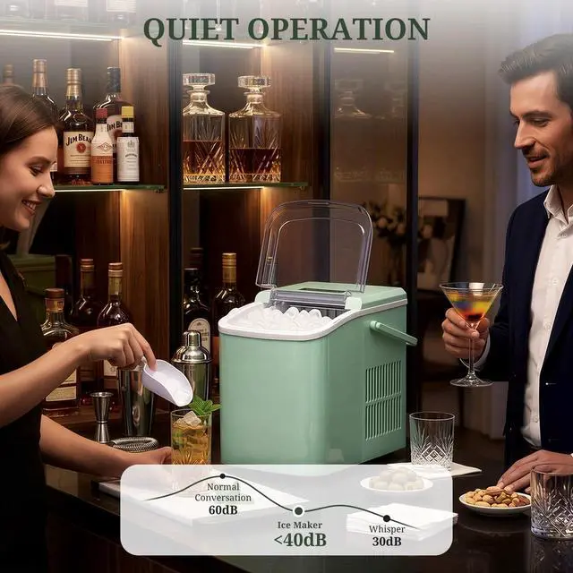 Alt view image 7 of 7 - Ice Maker Portable Countertop with Handle, Basket & Scoop, 26Lbs/24Hrs | 9 Bullet Ice Cubes in 6 Mins, 2 Ice Sizes, Self-Cleaning, Quiet Compact Ice Machine for Home Kitchen Party, Green