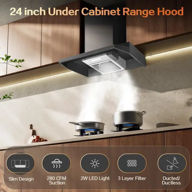 Alt view image 2 of 7 - 24 inch Range Hood Under Cabinet, Black Kitchen Hood 280CFM | Ducted/Ductless Vent Hood with Rocker Button Control, Stove Hood with 2 Speeds Fan, Bright LED Light