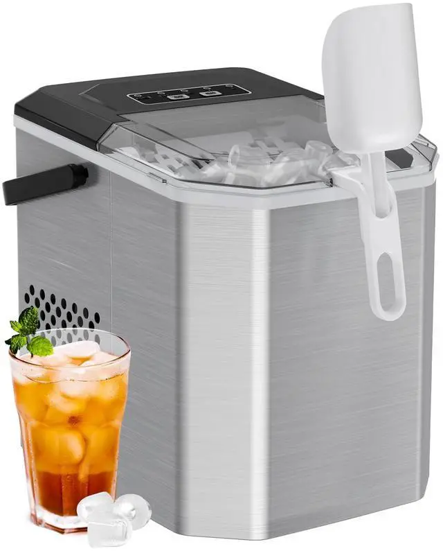 Main image of Ice Maker Countertop, Stainless Steel Portable Ice Machine with Carry Handle, Self-Cleaning Ice Makers with Basket and Scoop, 9 Cubes in 6 Mins, 26 lbs per Day, Stainless Steel