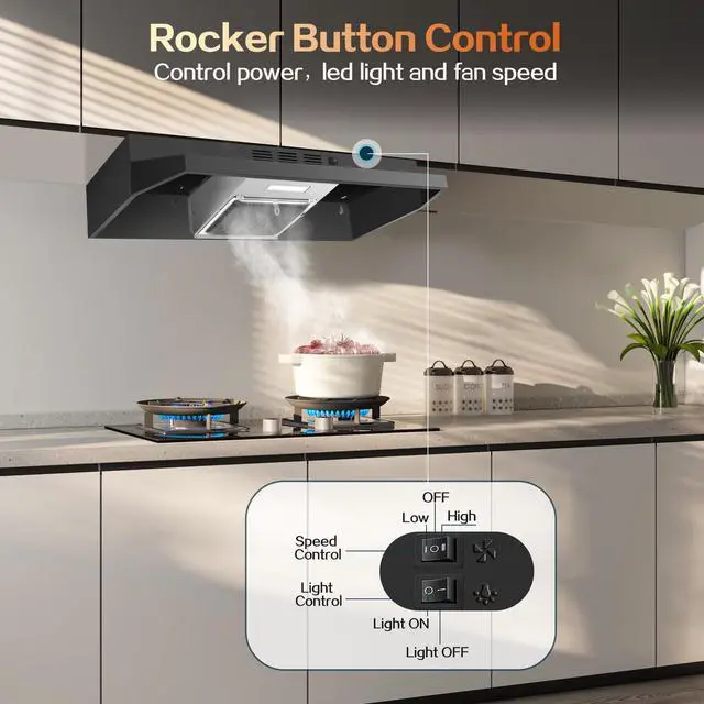 Alt view image 3 of 7 - 24 inch Range Hood Under Cabinet, Black Kitchen Hood 280CFM | Ducted/Ductless Vent Hood with Rocker Button Control, Stove Hood with 2 Speeds Fan, Bright LED Light