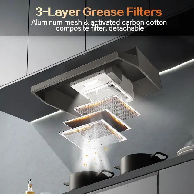 Alt view image 4 of 7 - 24 inch Range Hood Under Cabinet, Black Kitchen Hood 280CFM | Ducted/Ductless Vent Hood with Rocker Button Control, Stove Hood with 2 Speeds Fan, Bright LED Light