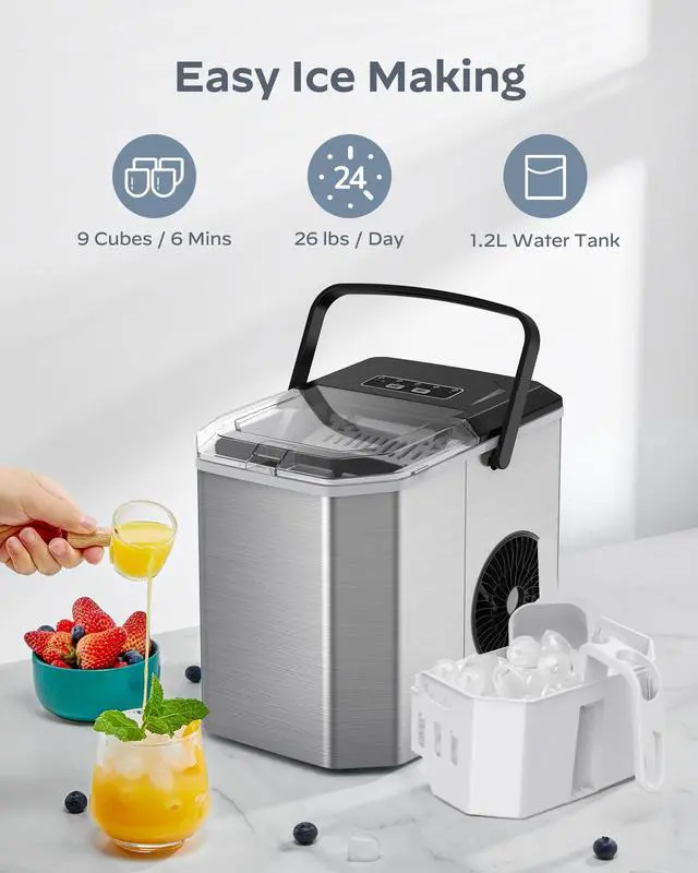 Alt view image 2 of 7 - Ice Maker Countertop, Stainless Steel Portable Ice Machine with Carry Handle, Self-Cleaning Ice Makers with Basket and Scoop, 9 Cubes in 6 Mins, 26 lbs per Day, Stainless Steel
