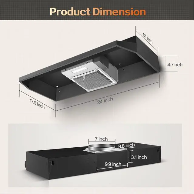 Alt view image 5 of 7 - 24 inch Range Hood Under Cabinet, Black Kitchen Hood 280CFM | Ducted/Ductless Vent Hood with Rocker Button Control, Stove Hood with 2 Speeds Fan, Bright LED Light