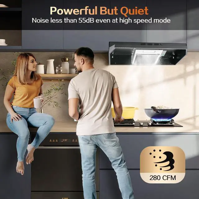 Alt view image 6 of 7 - 24 inch Range Hood Under Cabinet, Black Kitchen Hood 280CFM | Ducted/Ductless Vent Hood with Rocker Button Control, Stove Hood with 2 Speeds Fan, Bright LED Light