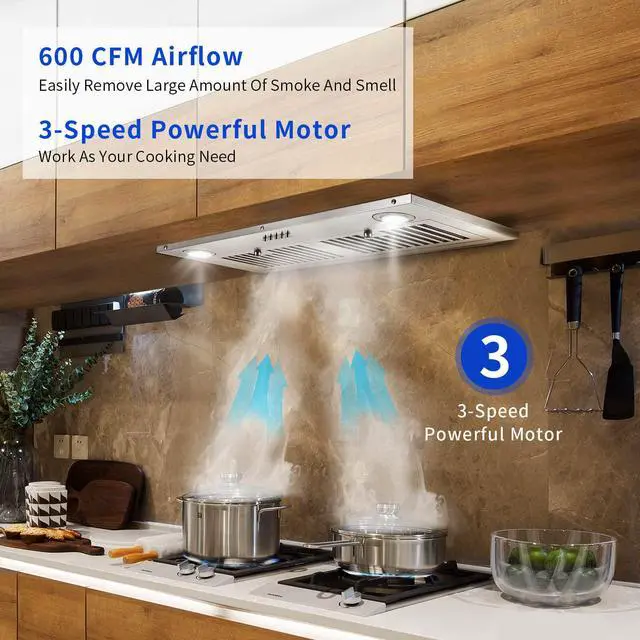 Alt view image 2 of 7 - Range Hood Insert 30 inch,Stainless Steel Kitchen Vent Hood 600CFM,Built-in Kitchen Stove Hood w/Front Button Controls and Front LED Lights,Baffle Filters,Ducted/ductless Convertible Duct