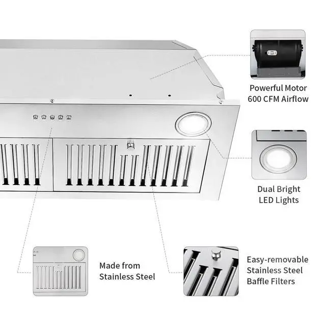Alt view image 3 of 7 - Range Hood Insert 30 inch,Stainless Steel Kitchen Vent Hood 600CFM,Built-in Kitchen Stove Hood w/Front Button Controls and Front LED Lights,Baffle Filters,Ducted/ductless Convertible Duct