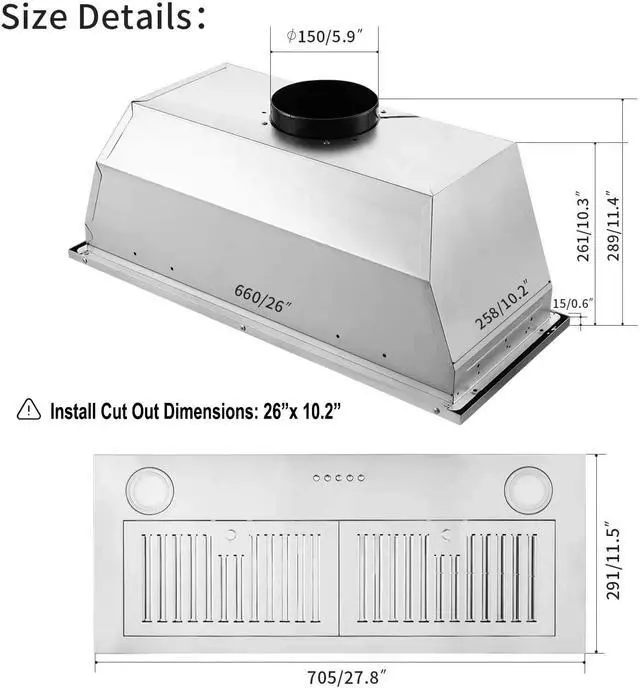Alt view image 4 of 7 - Range Hood Insert 30 inch,Stainless Steel Kitchen Vent Hood 600CFM,Built-in Kitchen Stove Hood w/Front Button Controls and Front LED Lights,Baffle Filters,Ducted/ductless Convertible Duct