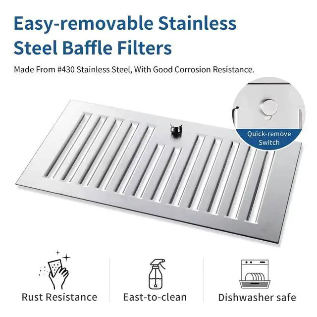 Alt view image 6 of 7 - Range Hood Insert 30 inch,Stainless Steel Kitchen Vent Hood 600CFM,Built-in Kitchen Stove Hood w/Front Button Controls and Front LED Lights,Baffle Filters,Ducted/ductless Convertible Duct