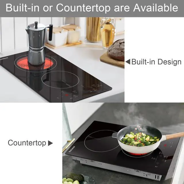 Alt view image 2 of 6 - 2 Burners Electric Cooktop, 110v Plug in Ceramic Cooktop, 12 Inch | Countertop & Built-in Electric Stove Top with Child Safety Lock, Timer, Over-Temperature Protection, Sensor Touch Control