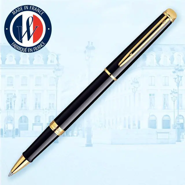 Alt view image 2 of 7 - Hemisphere Rollerball Pen, Gloss Black with 23k Gold Trim, Fine Point, Black Ink, Gift Box