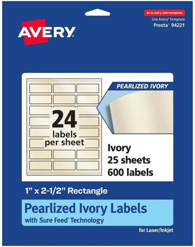Main image of ® Pearlized Ivory Rectangle Labels, Sure Feed® Technology, 1" x 2.5", 600 Pearlized Ivory Labels, Laser/Inkjet Printable