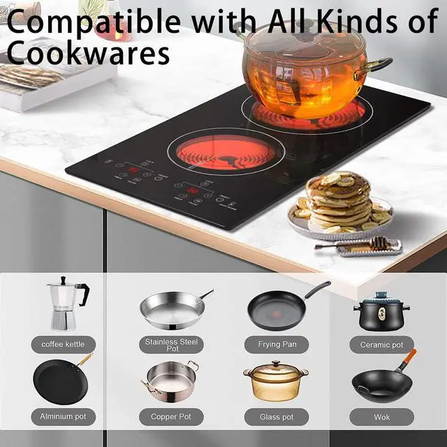 Alt view image 3 of 6 - 2 Burners Electric Cooktop, 110v Plug in Ceramic Cooktop, 12 Inch | Countertop & Built-in Electric Stove Top with Child Safety Lock, Timer, Over-Temperature Protection, Sensor Touch Control