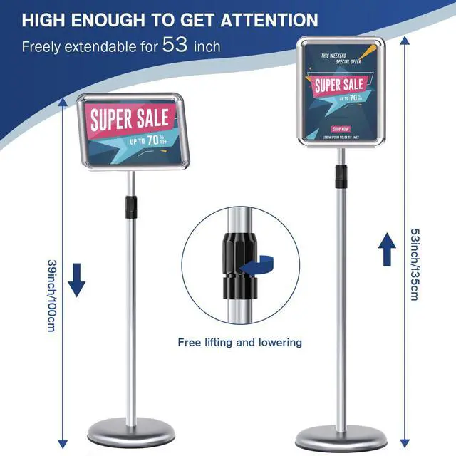 Alt view image 4 of 7 - Sign Holder - 2PCS 8.5 x 11 Inch Sign Stand Vertical and Horizontal Adjustable Poster Stand, Heavy-Duty Floor Standing Sign Holder with Round Base for Malls Display, Advertisement, and Outdoor(Sliver)