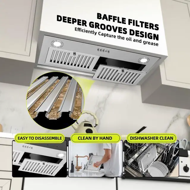Alt view image 3 of 6 - Range Hood Insert 30 inch, Built-in Kitchen Hood with 600 CFM, Ducted/Ductless Convertible Kitchen Vent Hood, Stainless Steel Stove Hood with Push Button, Baffle Filters and Charcoal Filters