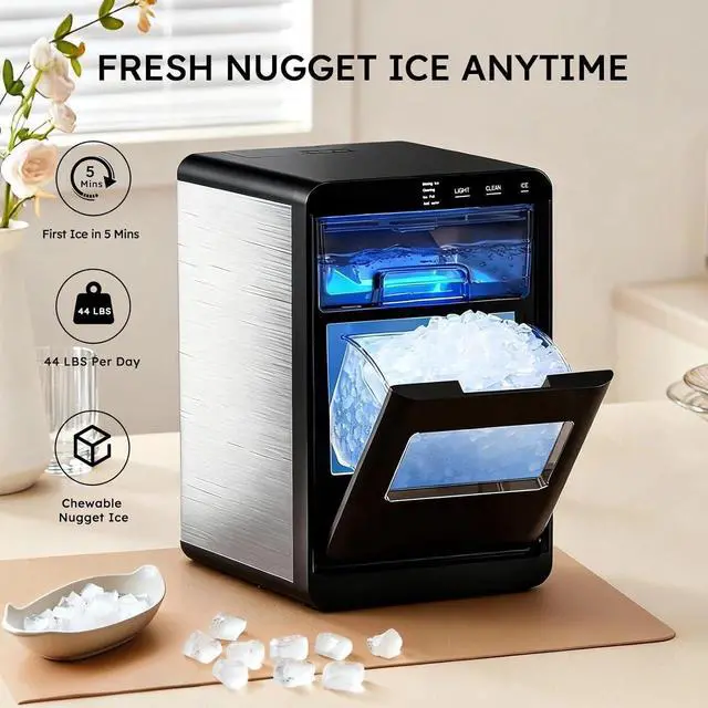 Alt view image 2 of 7 - Nugget Ice Maker, 44Lbs/Day Countertop Pellet Ice Machine | 44Lbs Nugget Ice Daily, Ready in 5 Mins, 1.8L Tank, Self-Cleaning, Quiet 40dB, Stainless Steel, for Home, Kitchen & Office