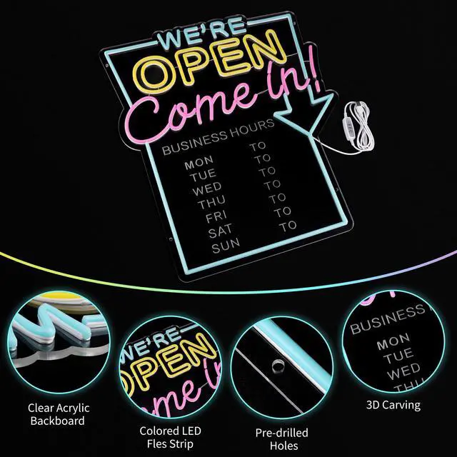 Alt view image 2 of 7 - Open Neon Sign for Business with Cycle Timer,We're Open Come In Business Hours Neon Sign with Dimmable for Store front Window Shop Store Bar Salon Cafes Pubs Hotel Wall Decor