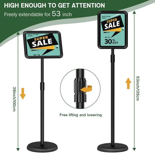 Alt view image 5 of 7 - Sign Holder - 2PCS 8.5x11 inch Sign Stand Holder Adjustable Display Stand Floor Standing Sign Holder, Signage Stand with Snap-Open Frame Display for Malls,Schools,Restaurants(Black)