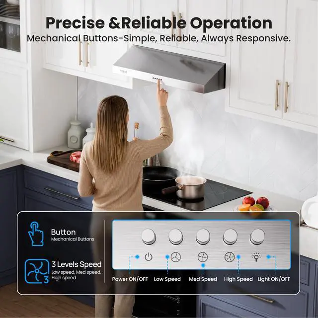 Alt view image 4 of 7 - Under Cabinet Range Hood 36 Inch, 1200 CFM Dual-Motor Kitchen Vent with LED Lights, Button Control, Ducted Vent Hood, Reusable 5-Layer Aluminum Filters, Stainless Steel