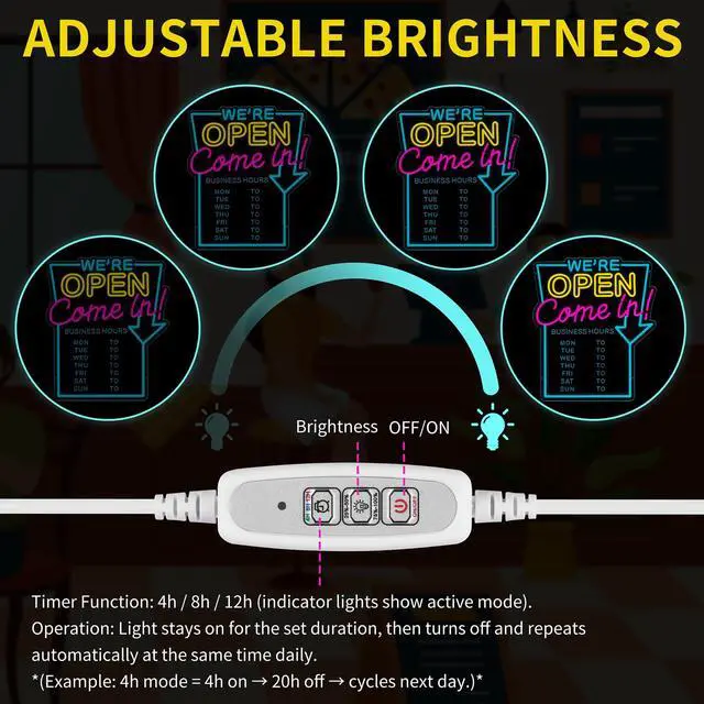 Alt view image 3 of 7 - Open Neon Sign for Business with Cycle Timer,We're Open Come In Business Hours Neon Sign with Dimmable for Store front Window Shop Store Bar Salon Cafes Pubs Hotel Wall Decor