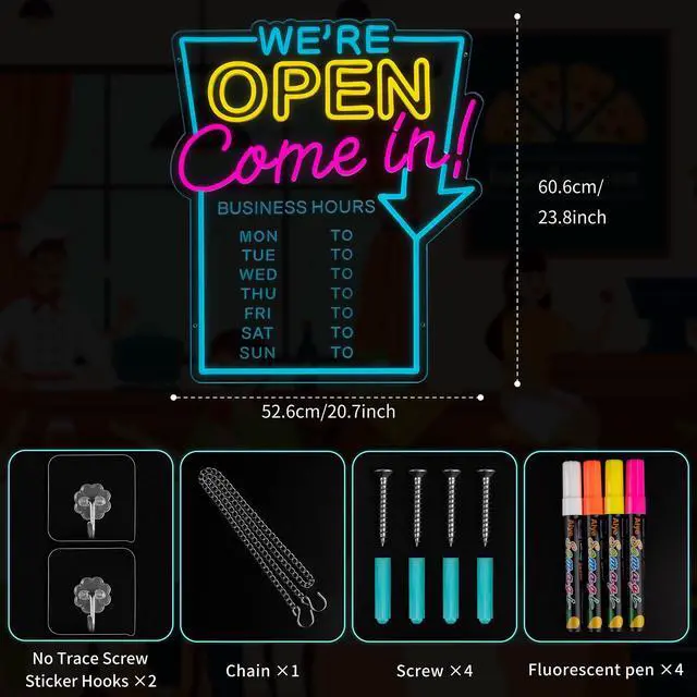 Alt view image 4 of 7 - Open Neon Sign for Business with Cycle Timer,We're Open Come In Business Hours Neon Sign with Dimmable for Store front Window Shop Store Bar Salon Cafes Pubs Hotel Wall Decor