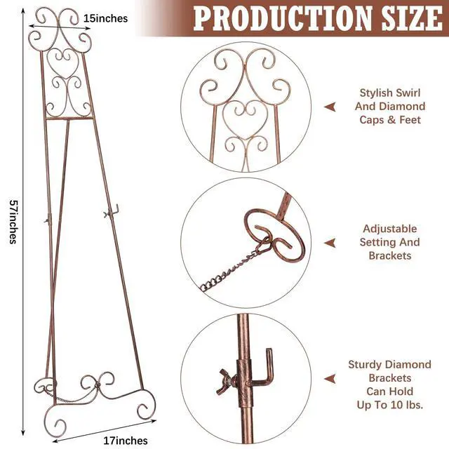 Alt view image 2 of 6 - 57" H Bronze Metal Scroll Easel Stand for Display Wedding Sign Poster Adjustable Portable Art Easels Poster Easel with Chain Support for Showcasing Pictures Artwork Coffee Exhibition Canvas