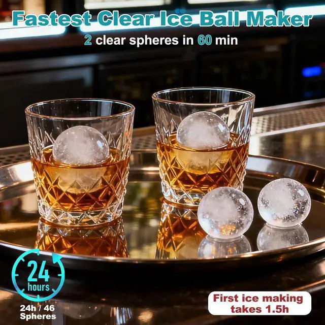 Alt view image 2 of 7 - Ice Maker, 2" Clear Sphere Ice Machine, 2 Ice Balls in 60Mins 40 pcs/Day Ice Ball Maker, Ice Makers Countertop with Self-Cleaning for Whiskey, Bourbon, Brandy, Rum, Gift (Black)
