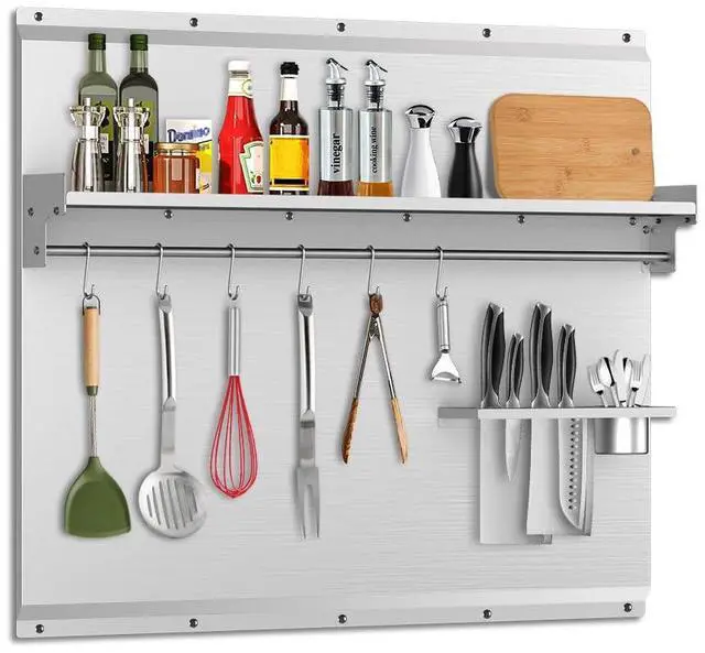 Main image of 48"x 30" Stainless Steel Backsplash, Range Backsplash with Storage Shelf & Knife Rack, Stainless Steel for Stove Wall Shield with Pre-Drilled Holes