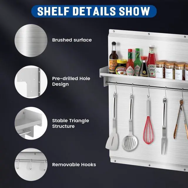 Alt view image 3 of 7 - 48"x 30" Stainless Steel Backsplash, Range Backsplash with Storage Shelf & Knife Rack, Stainless Steel for Stove Wall Shield with Pre-Drilled Holes