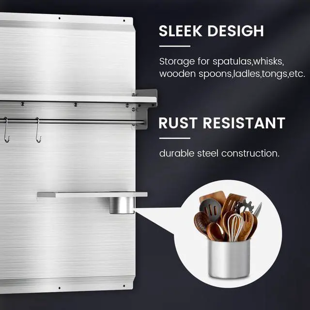 Alt view image 4 of 7 - 48"x 30" Stainless Steel Backsplash, Range Backsplash with Storage Shelf & Knife Rack, Stainless Steel for Stove Wall Shield with Pre-Drilled Holes