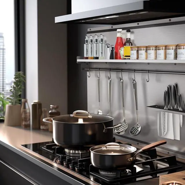 Alt view image 2 of 7 - 48"x 30" Stainless Steel Backsplash, Range Backsplash with Storage Shelf & Knife Rack, Stainless Steel for Stove Wall Shield with Pre-Drilled Holes