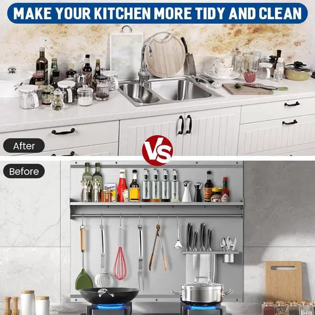 Alt view image 6 of 7 - 48"x 30" Stainless Steel Backsplash, Range Backsplash with Storage Shelf & Knife Rack, Stainless Steel for Stove Wall Shield with Pre-Drilled Holes