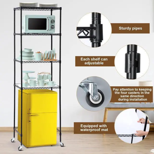 Alt view image 5 of 7 - 4 Tier Mini Fridge Shelf Microwave Stand Over Height Adjustable Fridge Storage Rack with Lockable Wheels & Waterproof Mats Multilayer Metal Organizer for Dorm Apartment Kitchen Office(Black)