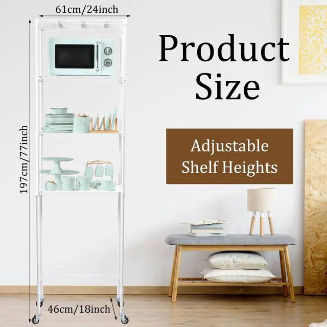 Alt view image 3 of 7 - 4 Tier Mini Fridge Shelf Microwave Stand Over Height Adjustable Fridge Storage Rack with Lockable Wheels & Waterproof Mats Multilayer Metal Organizer for Dorm Apartment Kitchen Office(White)