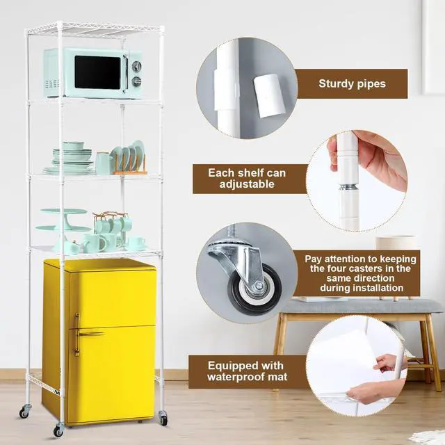Alt view image 5 of 7 - 4 Tier Mini Fridge Shelf Microwave Stand Over Height Adjustable Fridge Storage Rack with Lockable Wheels & Waterproof Mats Multilayer Metal Organizer for Dorm Apartment Kitchen Office(White)