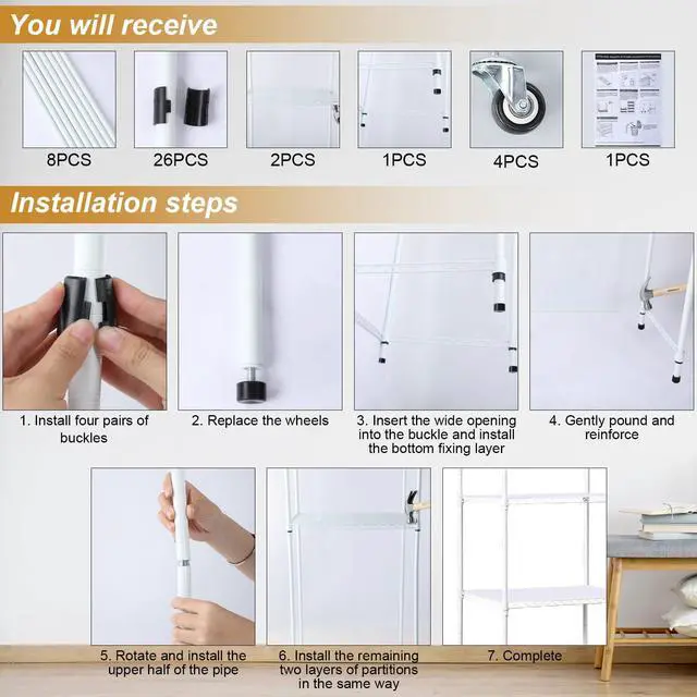 Alt view image 7 of 7 - 4 Tier Mini Fridge Shelf Microwave Stand Over Height Adjustable Fridge Storage Rack with Lockable Wheels & Waterproof Mats Multilayer Metal Organizer for Dorm Apartment Kitchen Office(White)